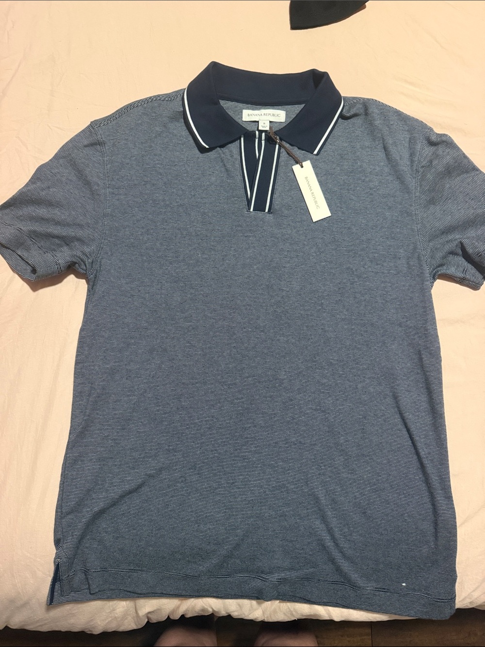 Banana Republic Men's Heather Blue Polo with Navy Contrast Collar